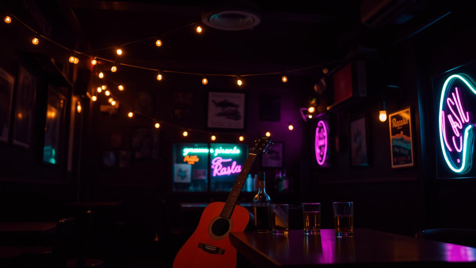 Ambiente de bar sertanejo à noite com violão e luzes